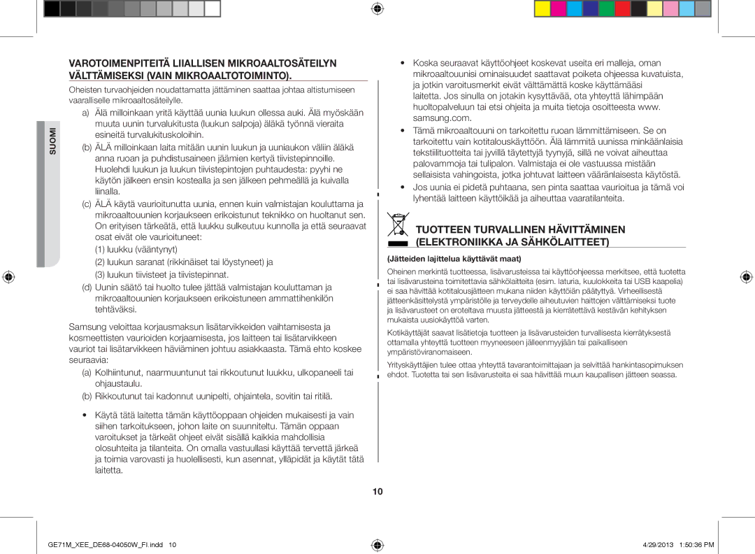 Samsung GE71M/XEE manual Jätteiden lajittelua käyttävät maat 