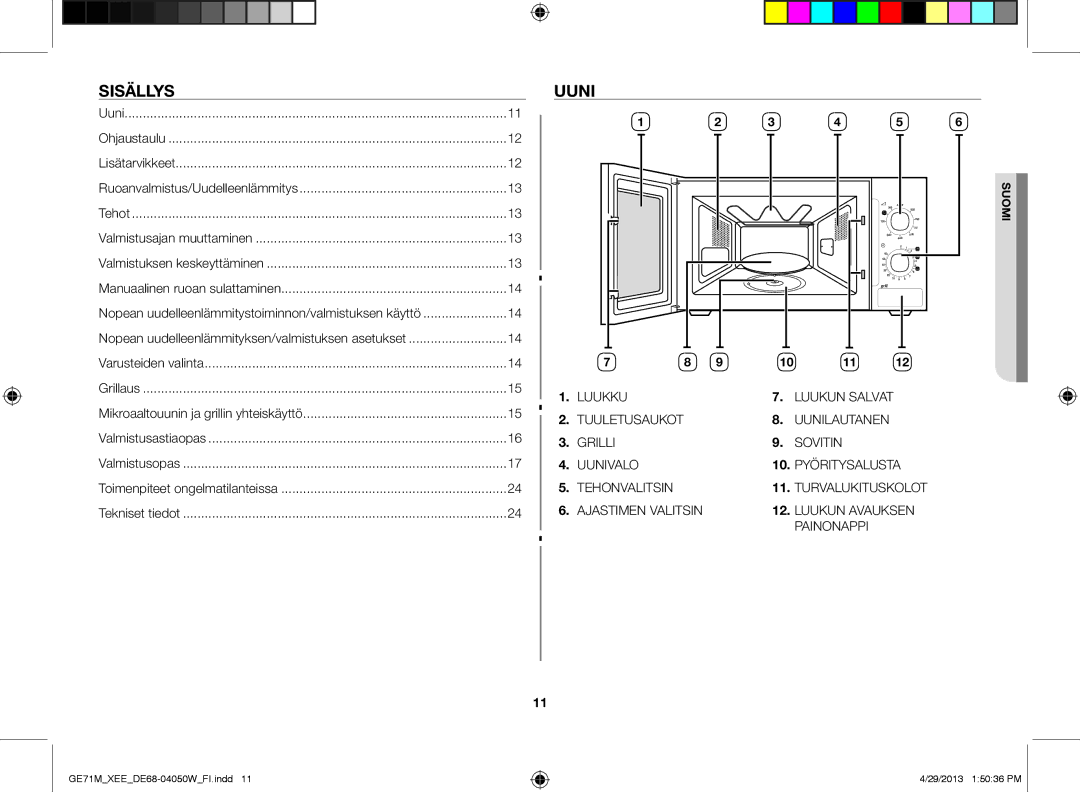 Samsung GE71M/XEE manual Sisällys, Uuni 