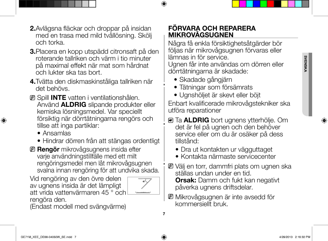 Samsung GE71M/XEE manual Förvara och reparera mikrovågsugnen 