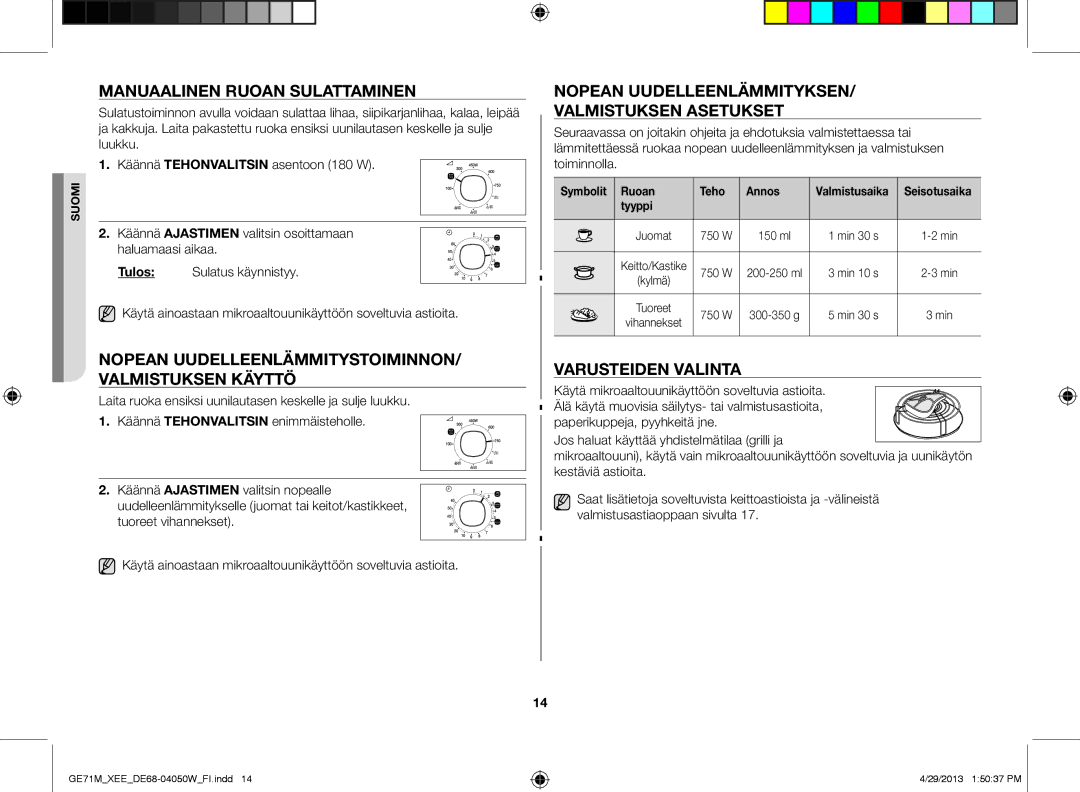 Samsung GE71M/XEE manual Manuaalinen ruoan sulattaminen, Nopean uudelleenlämmitystoiminnon/ valmistuksen käyttö 