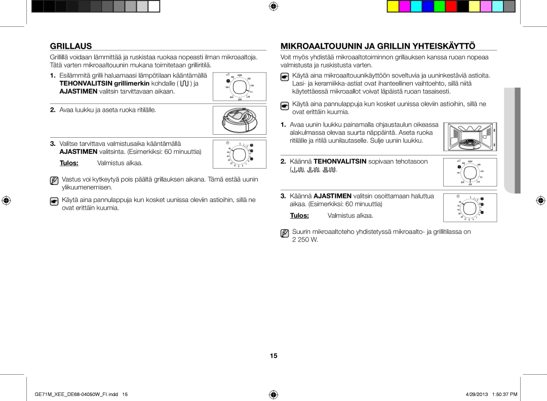 Samsung GE71M/XEE manual Grillaus, Mikroaaltouunin ja grillin yhteiskäyttö 