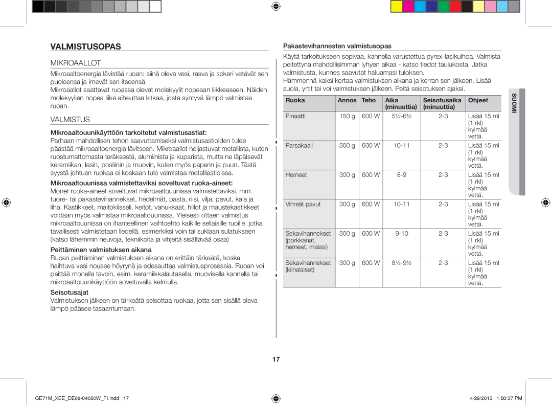 Samsung GE71M/XEE manual Valmistusopas, Mikroaallot, Mikroaaltouunikäyttöön tarkoitetut valmistusastiat 