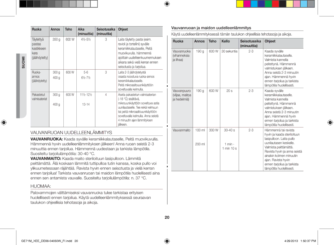 Samsung GE71M/XEE manual Vauvanruoan Uudelleenlämmitys, Huomaa, Täytettyä 350 g, Kastikkeen, Ruoka Annos Teho Kello 