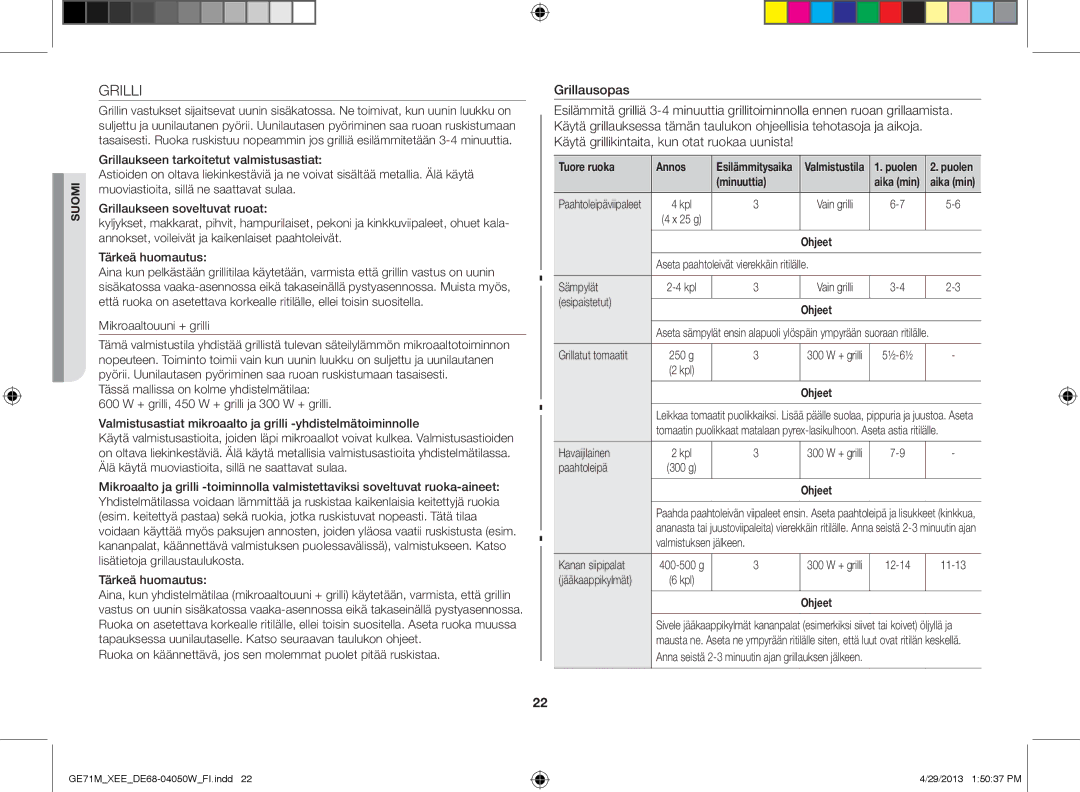 Samsung GE71M/XEE manual Grilli, Tuore ruoka Annos 