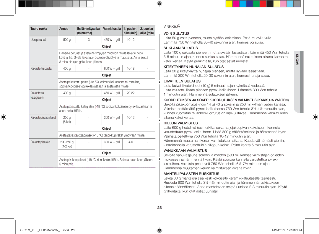 Samsung GE71M/XEE Uuniperunat, Minuutin ajan grillauksen jälkeen Pakastettu pasta, Kalagratiini, Aseta astia ritilälle 