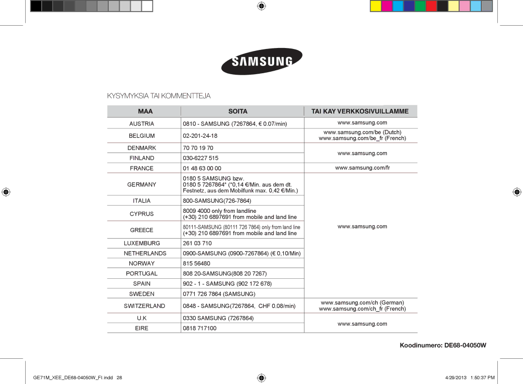 Samsung GE71M/XEE manual Koodinumero DE68-04050W 