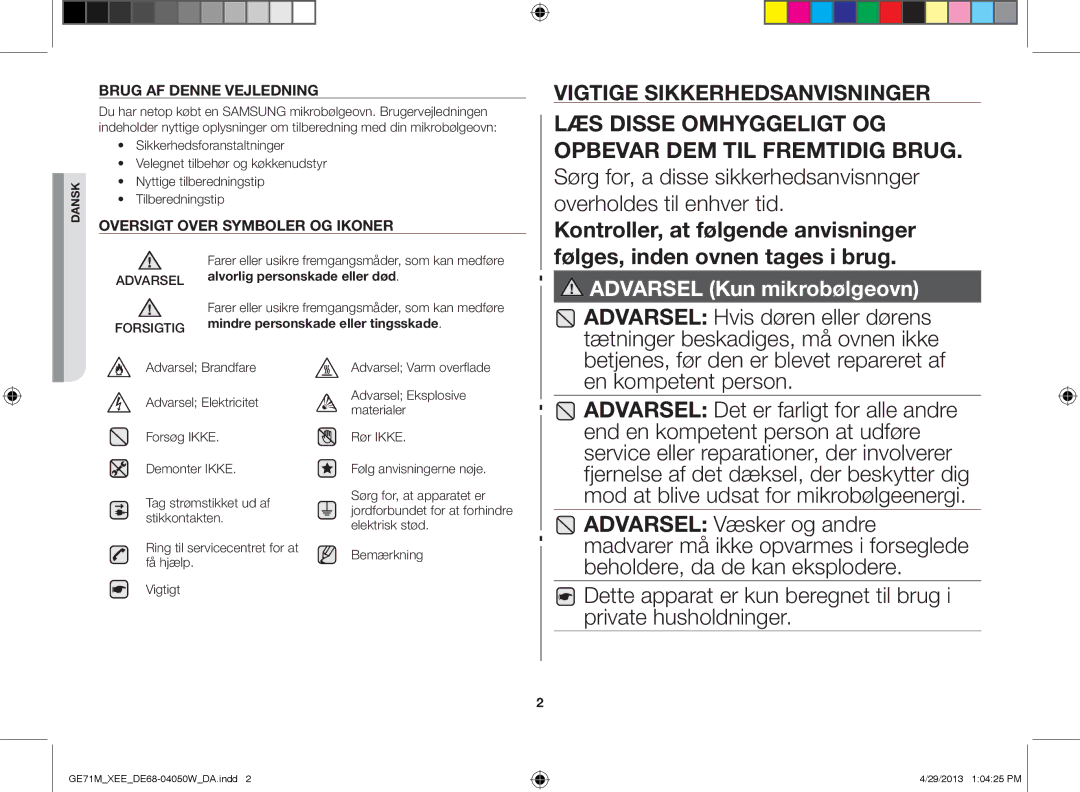 Samsung GE71M/XEE manual Følges, inden ovnen tages i brug, Brug af denne vejledning 