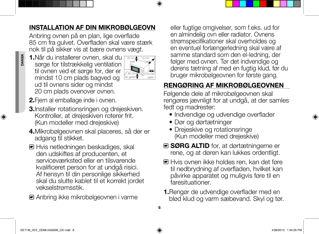 Samsung GE71M/XEE manual Installation af din mikrobølgeovn, Rengøring af mikrobølgeovnen 