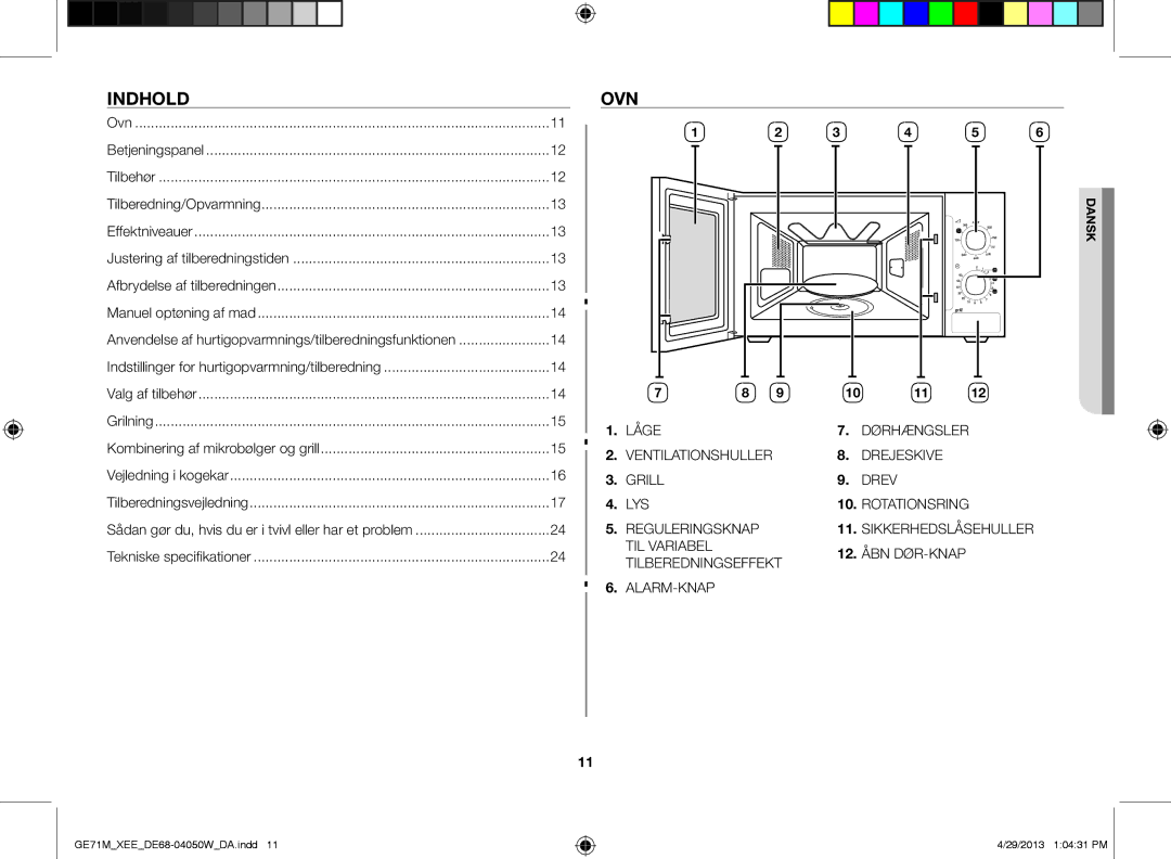 Samsung GE71M/XEE manual Indhold, Ovn 