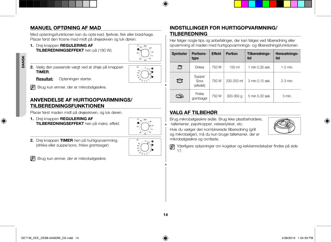 Samsung GE71M/XEE manual Manuel optøning af mad, Anvendelse af hurtigopvarmnings/ tilberedningsfunktionen, Valg af tilbehør 