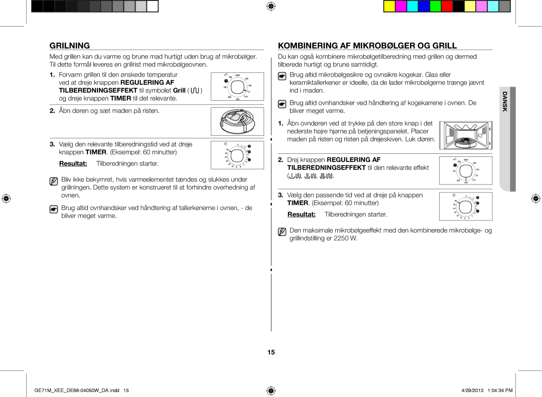 Samsung GE71M/XEE manual Grilning, Kombinering af mikrobølger og grill 