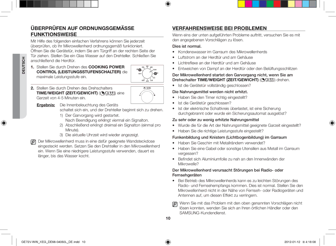 Samsung GE72V-BB/XEG manual Überprüfen auf ordnungsgemäSSe Funktionsweise, Verfahrensweise bei Problemen 