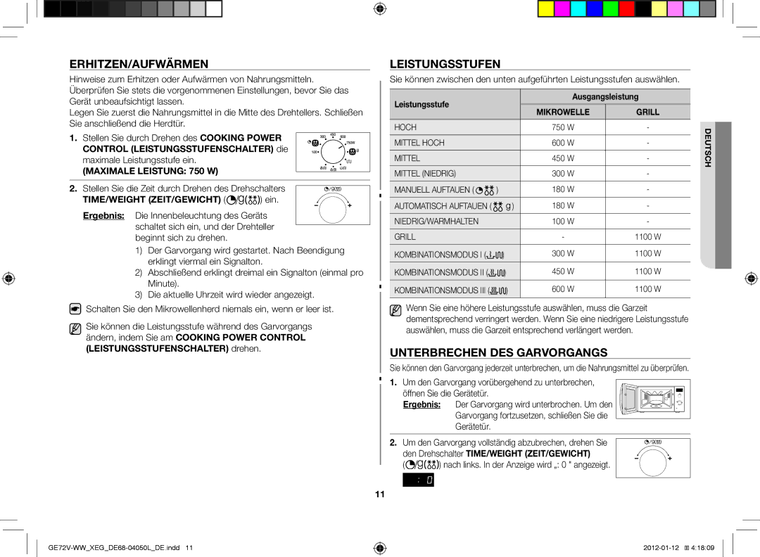 Samsung GE72V-BB/XEG manual Erhitzen/Aufwärmen, Leistungsstufen, Unterbrechen des Garvorgangs 