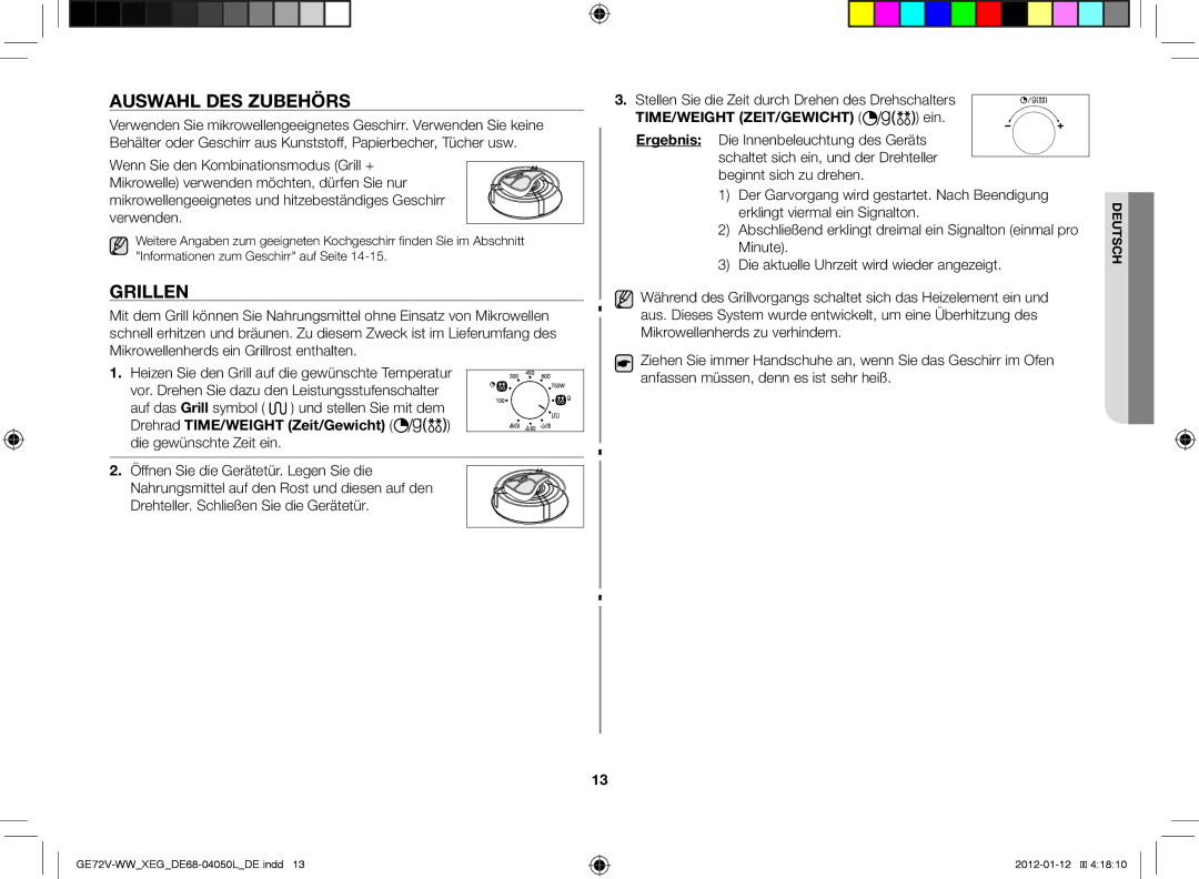 Samsung GE72V-BB/XEG manual Auswahl des Zubehörs, Grillen, Erklingt viermal ein Signalton 