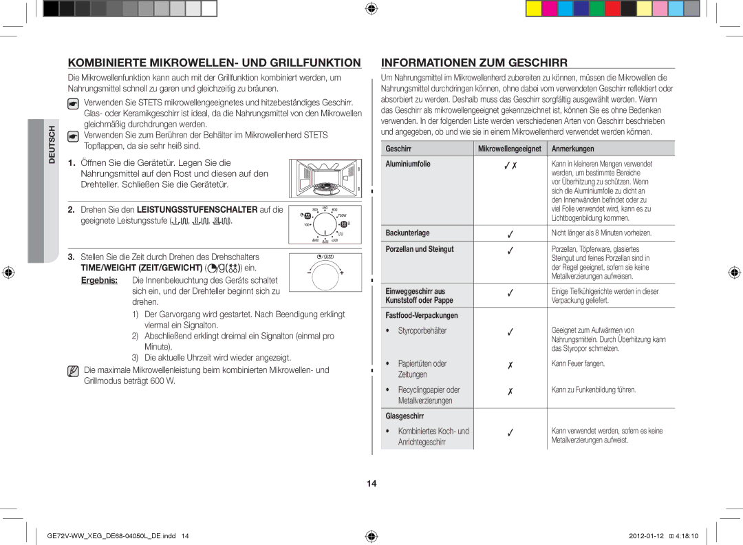 Samsung GE72V-BB/XEG manual Kombinierte Mikrowellen- und Grillfunktion, Informationen zum Geschirr 