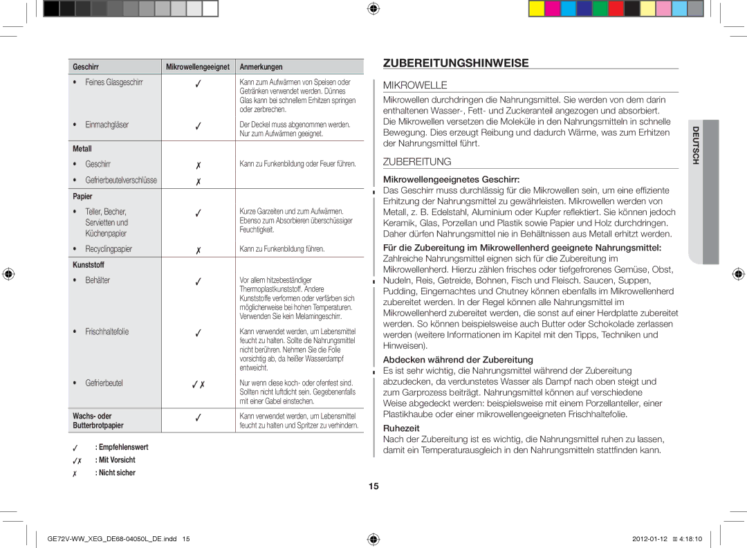 Samsung GE72V-BB/XEG manual Zubereitungshinweise, Mikrowelle 