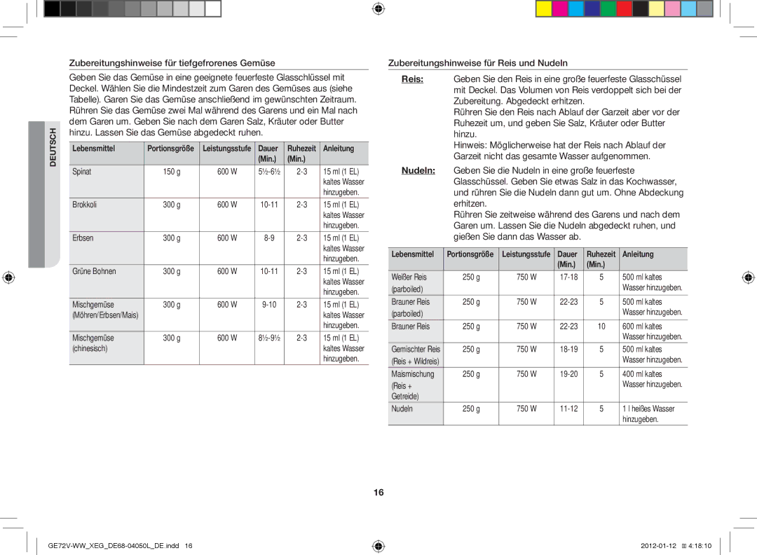 Samsung GE72V-BB/XEG manual Zubereitungshinweise für tiefgefrorenes Gemüse, Lebensmittel, Dauer, Anleitung, Min 