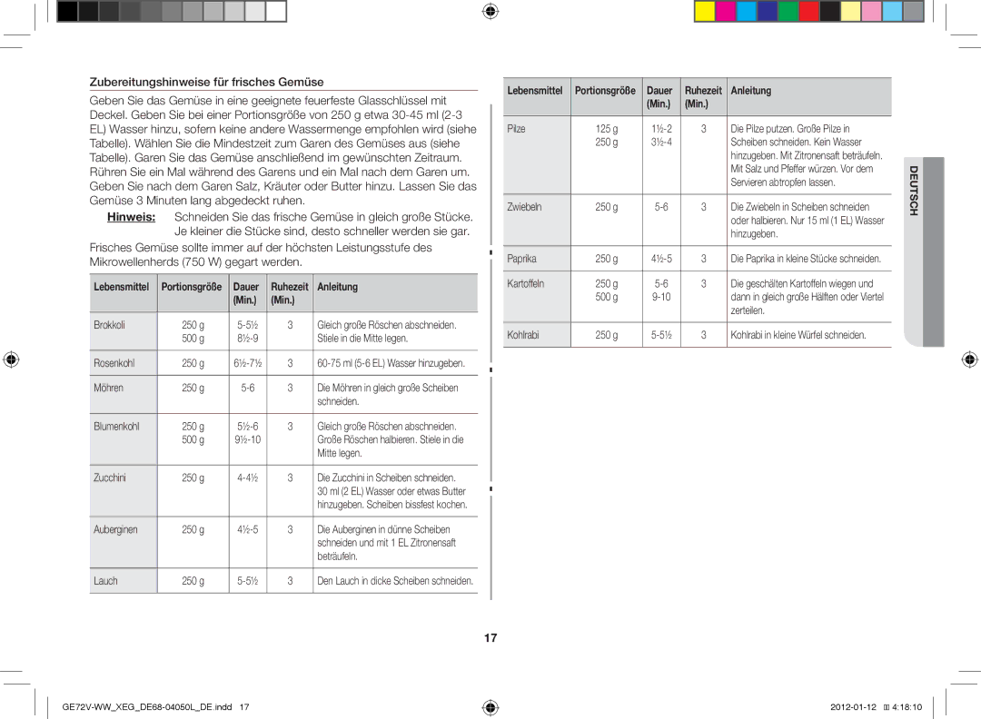 Samsung GE72V-BB/XEG manual Zubereitungshinweise für frisches Gemüse, Anleitung Min 