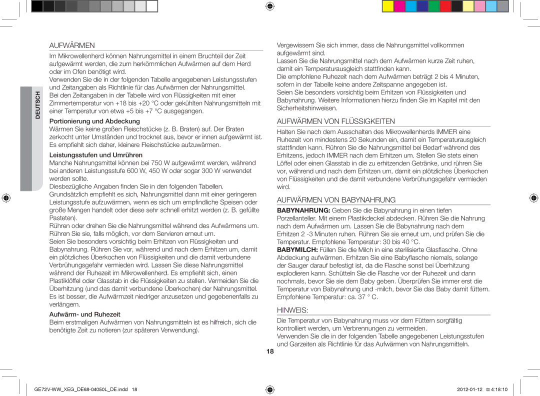 Samsung GE72V-BB/XEG Aufwärmen VON Flüssigkeiten, Aufwärmen VON Babynahrung, Hinweis, Portionierung und Abdeckung 