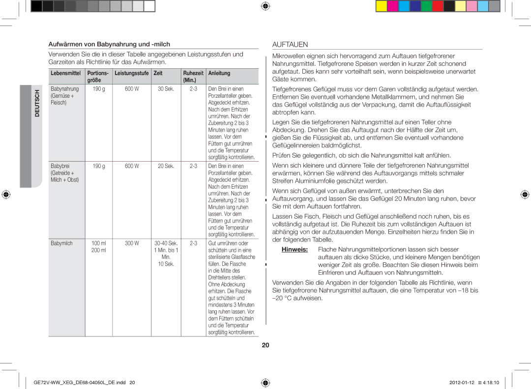 Samsung GE72V-BB/XEG manual Auftauen, Zeit 