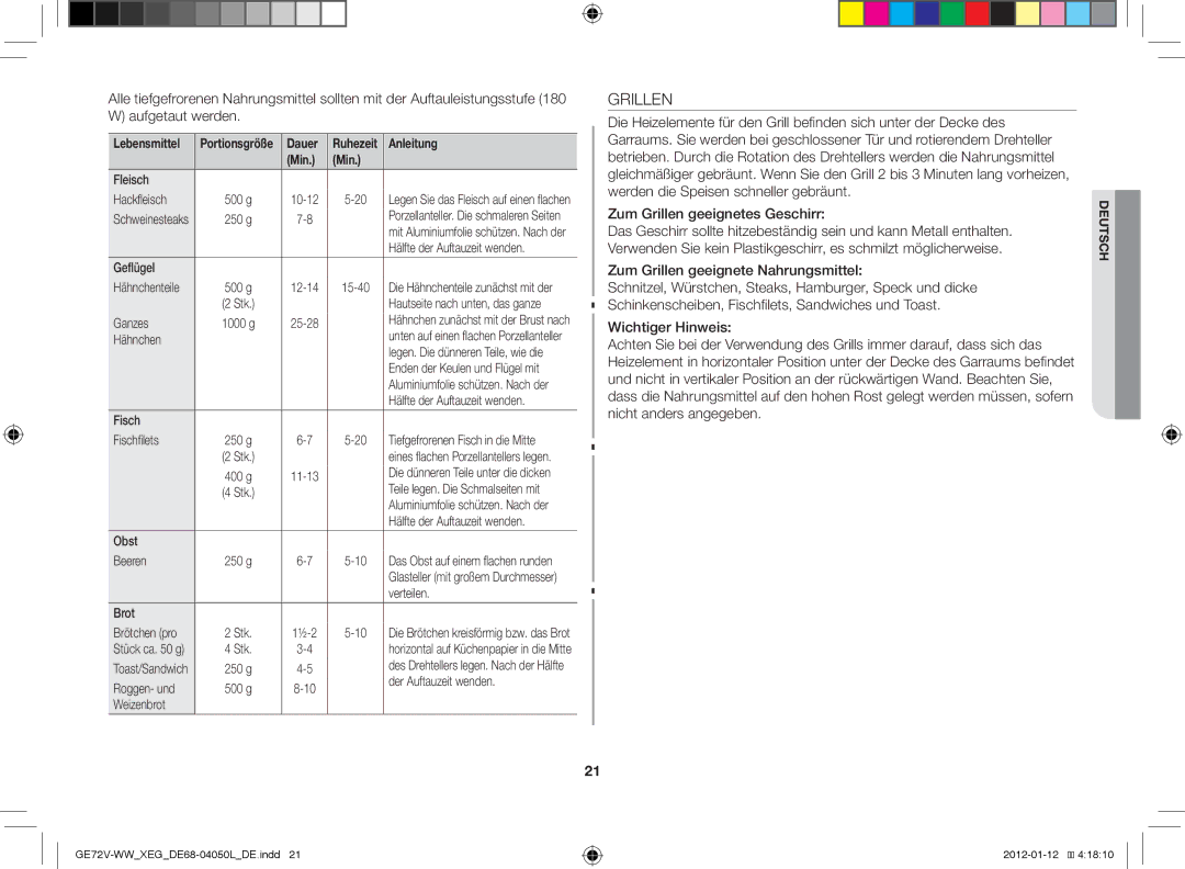 Samsung GE72V-BB/XEG manual Zum Grillen geeignete Nahrungsmittel 