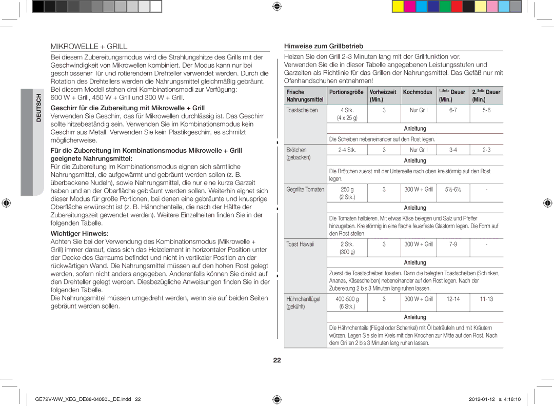 Samsung GE72V-BB/XEG manual Mikrowelle + Grill, Frische, Nur Grill 