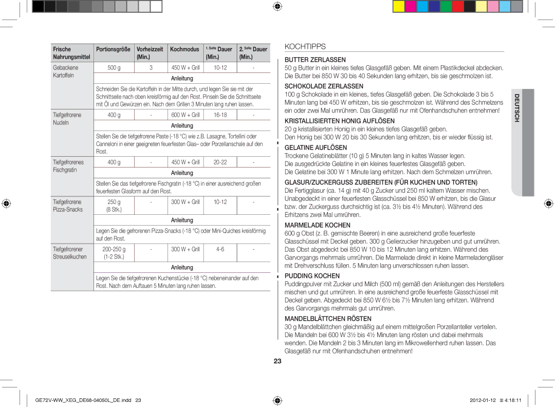 Samsung GE72V-BB/XEG manual Kochtipps 