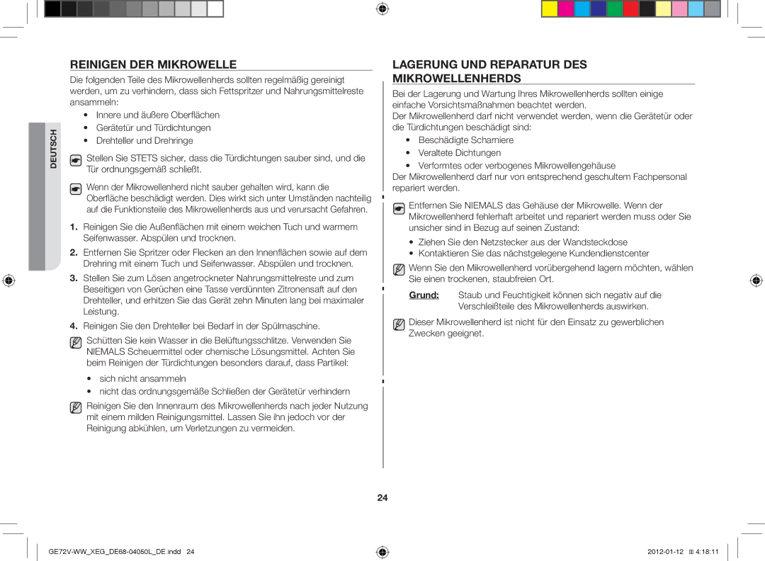 Samsung GE72V-BB/XEG manual Reinigen der Mikrowelle, Lagerung und Reparatur des Mikrowellenherds 