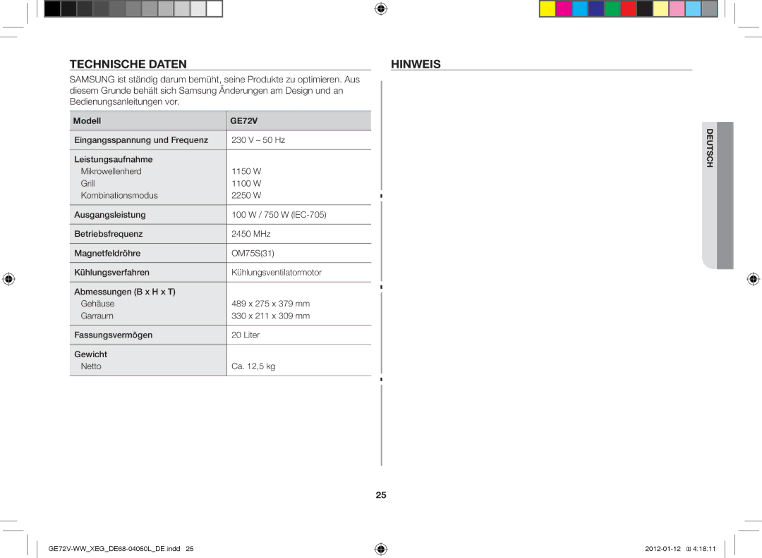 Samsung GE72V-BB/XEG manual Technische DatenHINWEIS, Modell 