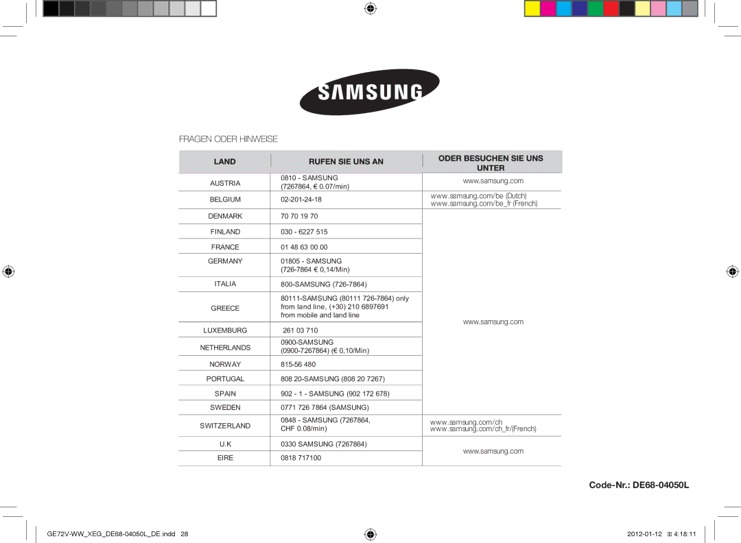 Samsung GE72V-BB/XEG manual Code-Nr. DE68-04050L 