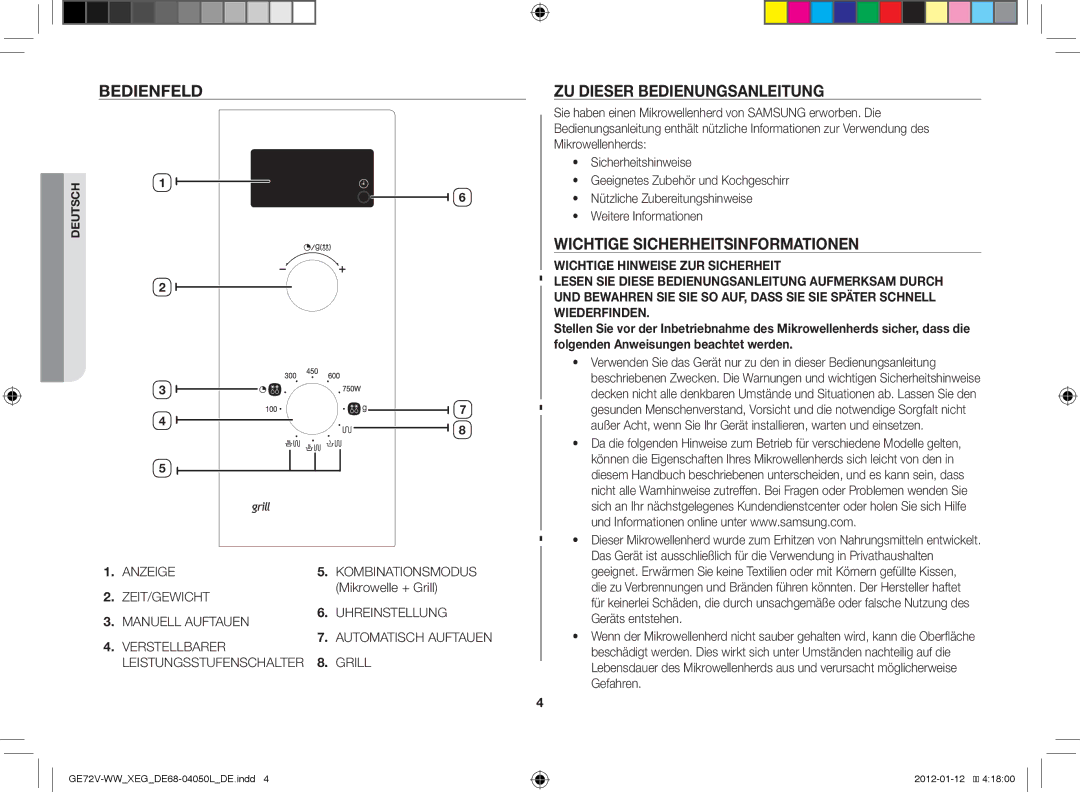 Samsung GE72V-BB/XEG Bedienfeld, Zu dieser Bedienungsanleitung, Wichtige Sicherheitsinformationen, Mikrowelle + Grill 