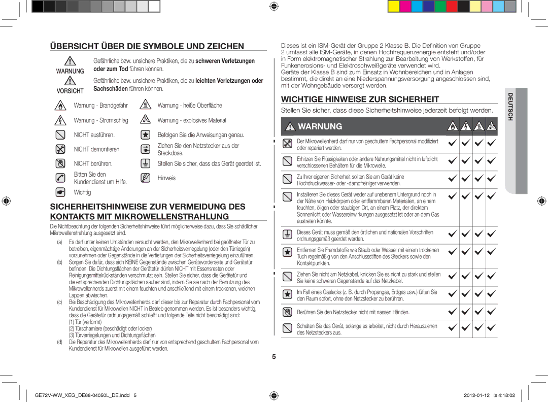 Samsung GE72V-BB/XEG manual Übersicht über die Symbole und Zeichen, Wichtige Hinweise zur Sicherheit 