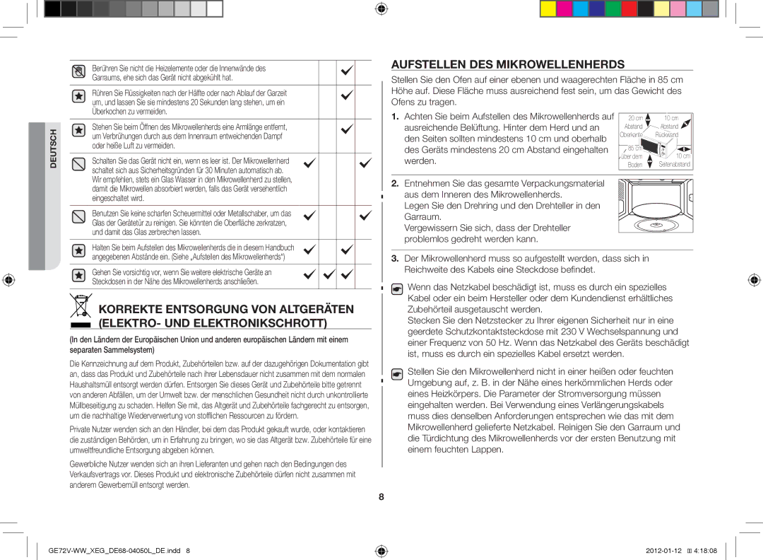 Samsung GE72V-BB/XEG manual Aufstellen des Mikrowellenherds, Legen Sie den Drehring und den Drehteller in den Garraum 