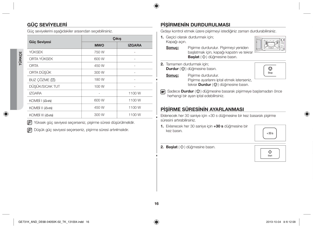 Samsung GE731K/AND manual Güç seviyeleri, Pişirmenin durdurulması, Pişirme süresinin ayarlanması, Sonuç, Başlat 