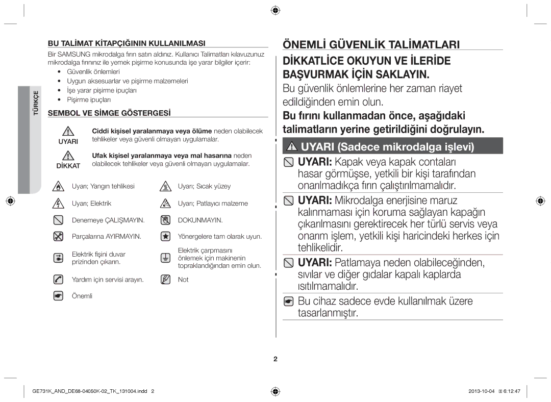 Samsung GE731K/AND manual Tehlikeler veya güvenli olmayan uygulamalar, Ufak kişisel yaralanmaya veya mal hasarına neden 