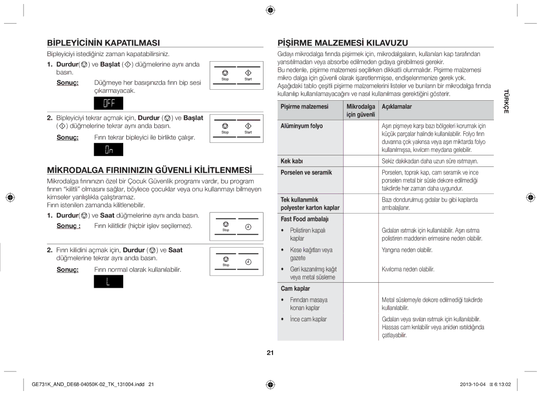 Samsung GE731K/AND manual Bipleyicinin kapatılması, Mikrodalga fırınınızın güvenli kilitlenmesi, Pişirme malzemesi kılavuzu 