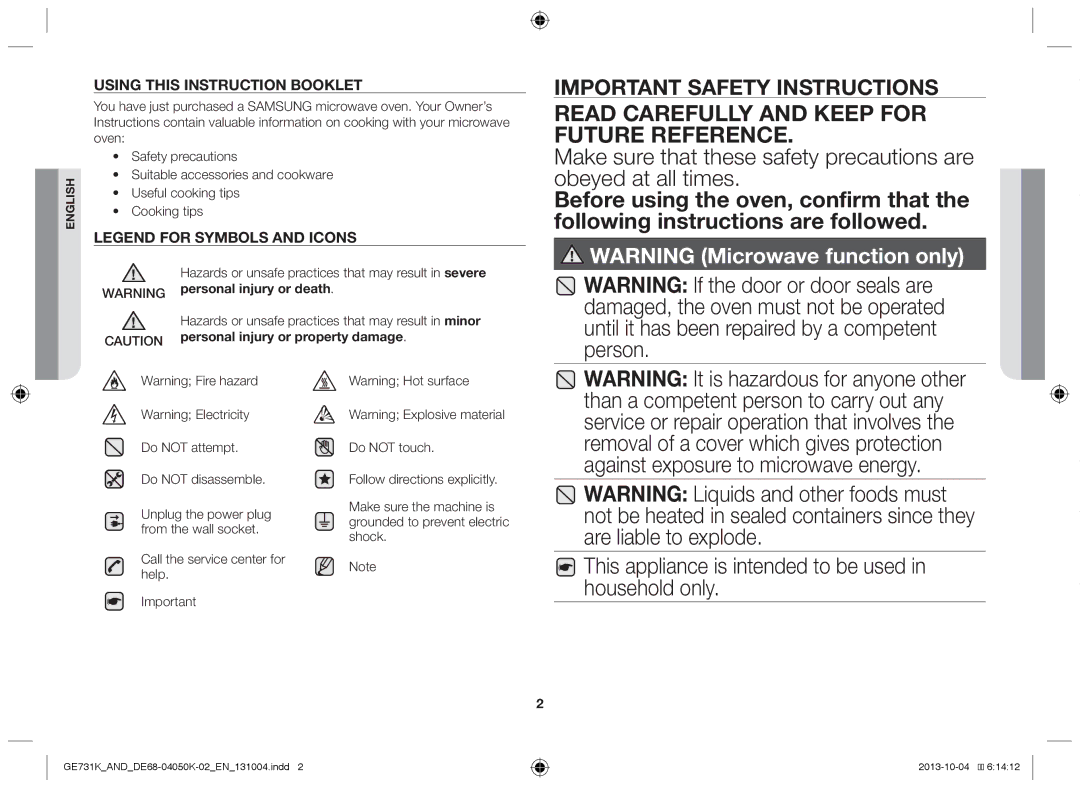 Samsung GE731K/AND manual Personal injury or property damage, Hazards or unsafe practices that may result in minor 