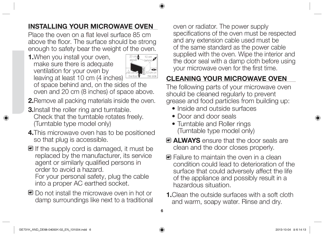 Samsung GE731K/AND manual Installing your microwave oven 