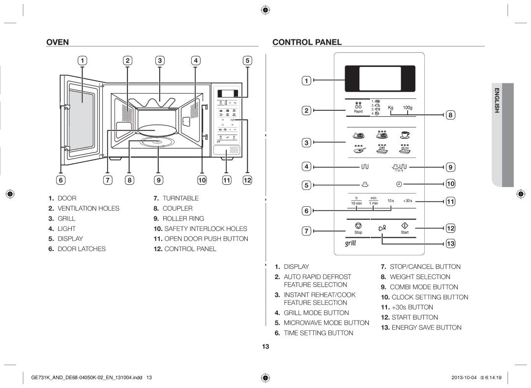 Samsung GE731K/AND manual Oven Control panel, 11. +30s Button 