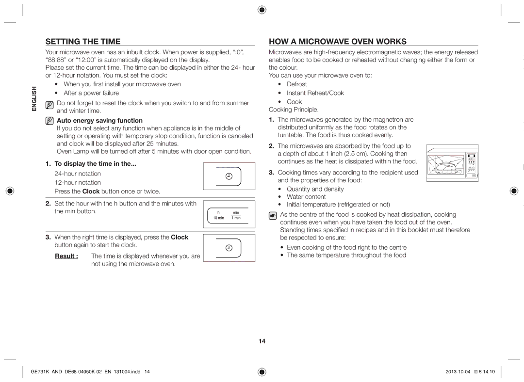 Samsung GE731K/AND manual Setting the time, How a microwave oven works, Auto energy saving function, To display the time 