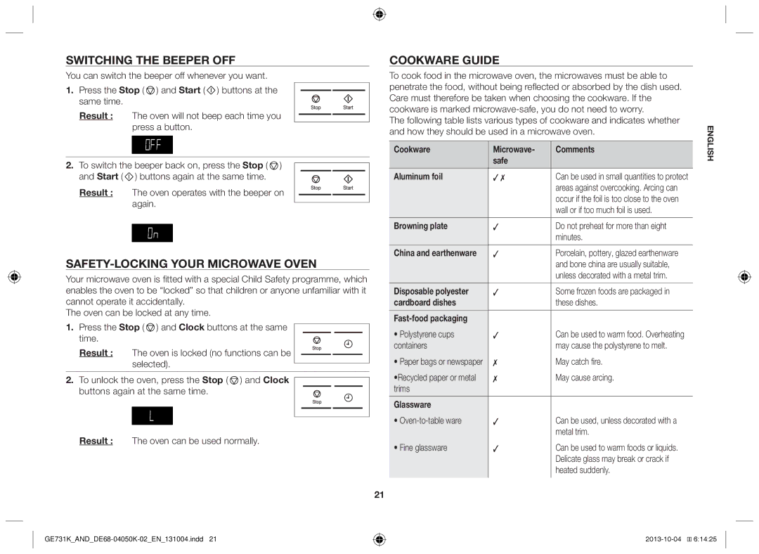 Samsung GE731K/AND manual Switching the beeper off, Safety-locking your microwave oven, Cookware guide 