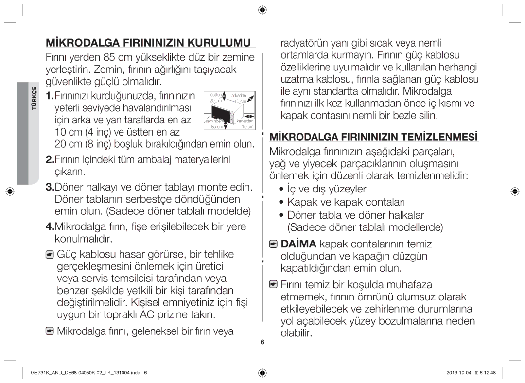 Samsung GE731K/AND manual Mikrodalga fırınınızın kurulumu 