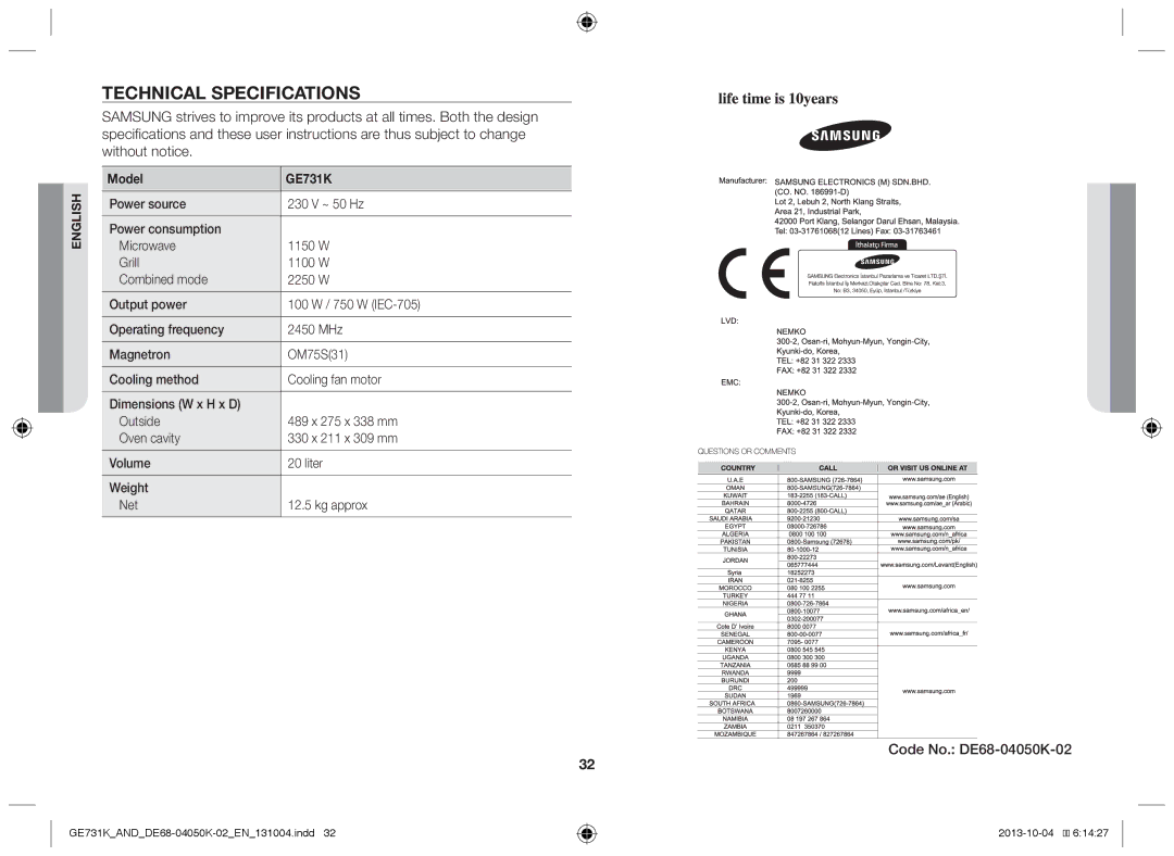 Samsung GE731K/AND manual Technical specifications, Code No. DE68-04050K-02 