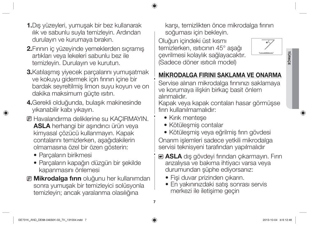 Samsung GE731K/AND manual Mikrodalga fırını saklama ve onarma 