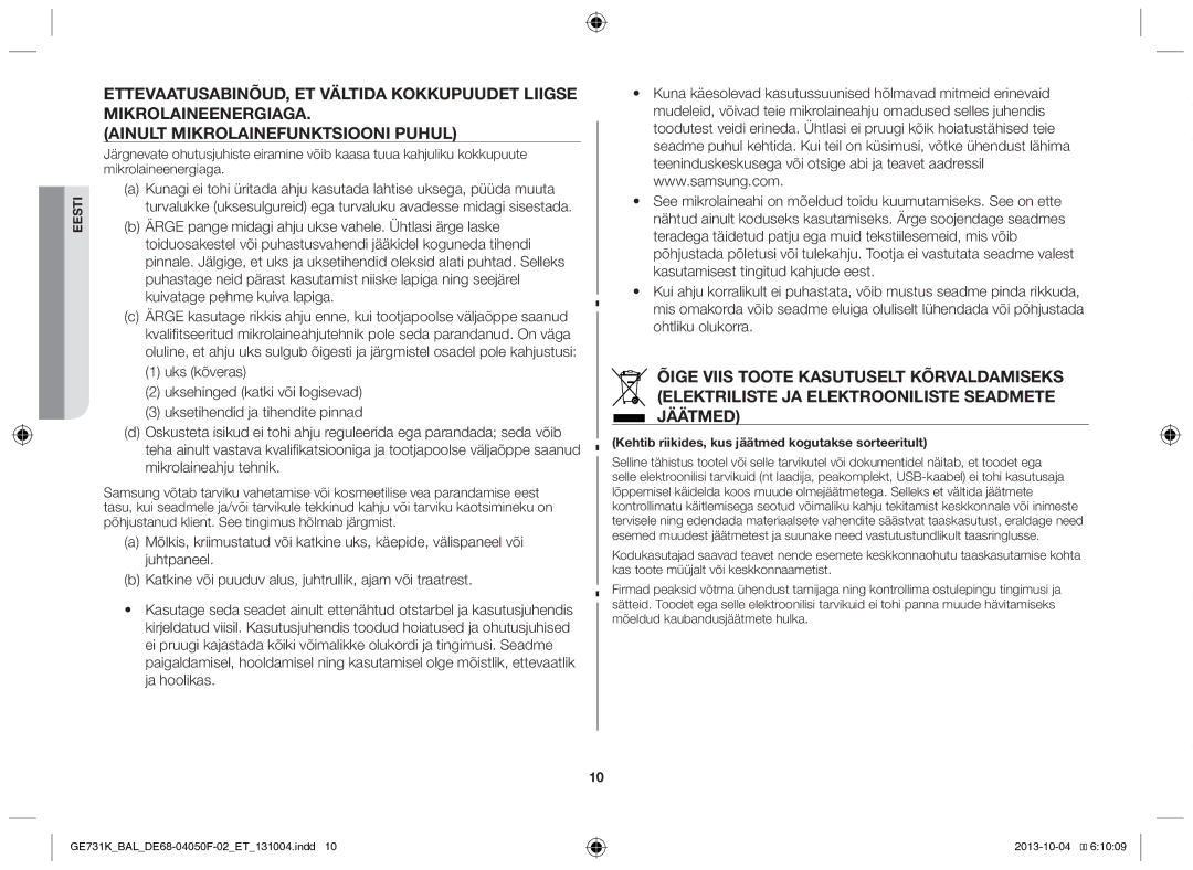 Samsung GE731K/BAL manual Kehtib riikides, kus jäätmed kogutakse sorteeritult 