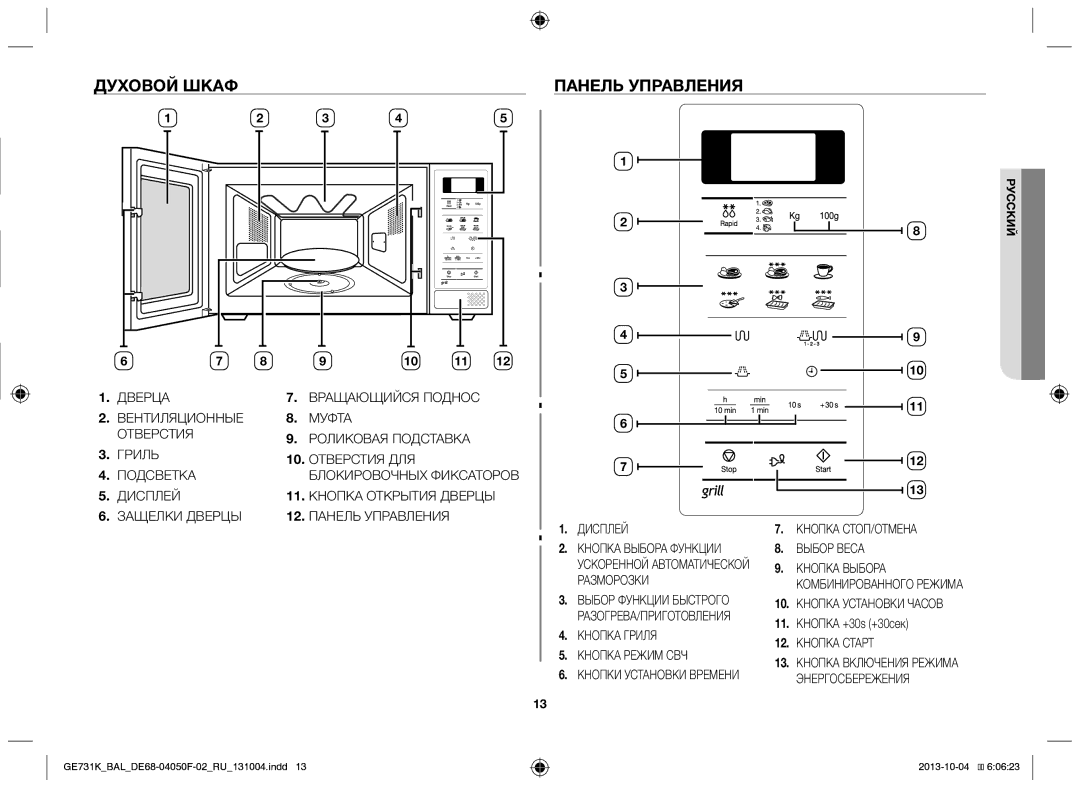 Samsung GE731K/BAL manual Духовой шкаф Панель управления, 11. Кнопка +30s +30сек 