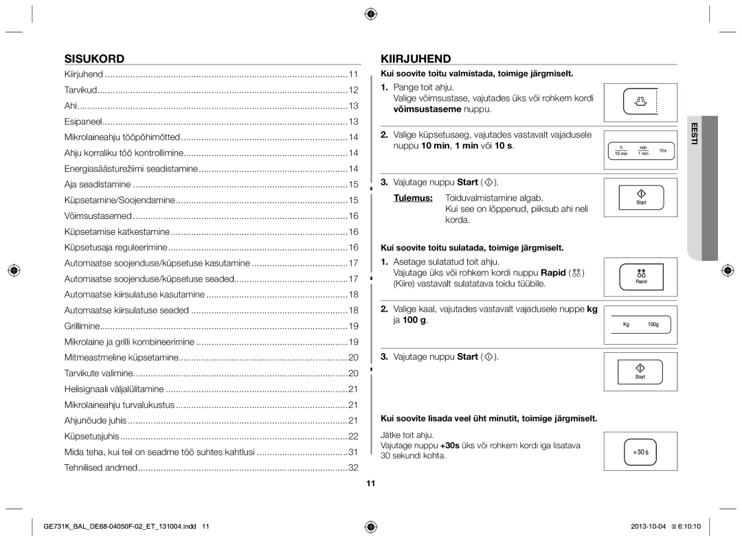 Samsung GE731K/BAL manual Sisukord, Kiirjuhend, Kui soovite toitu valmistada, toimige järgmiselt 