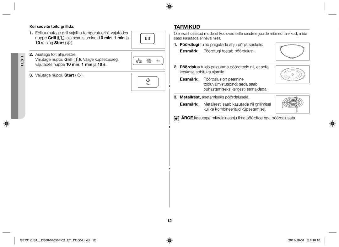 Samsung GE731K/BAL manual Tarvikud, Kui soovite toitu grillida 