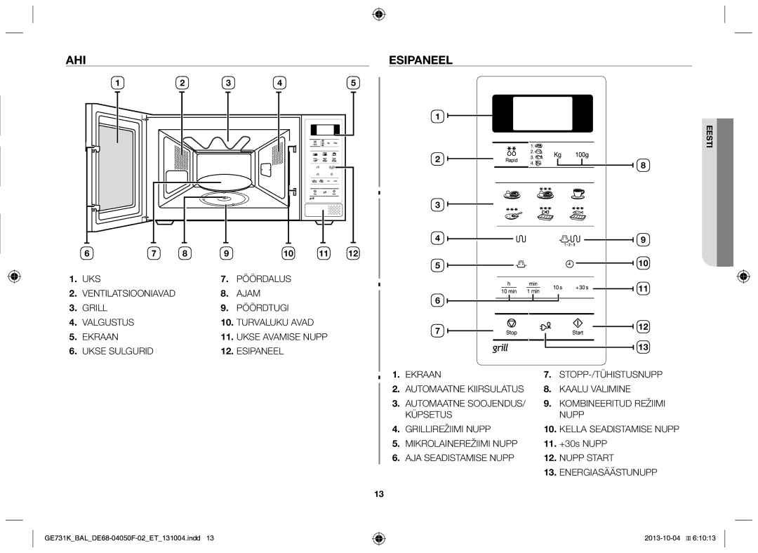 Samsung GE731K/BAL manual Ahi Esipaneel, 11. +30s Nupp 