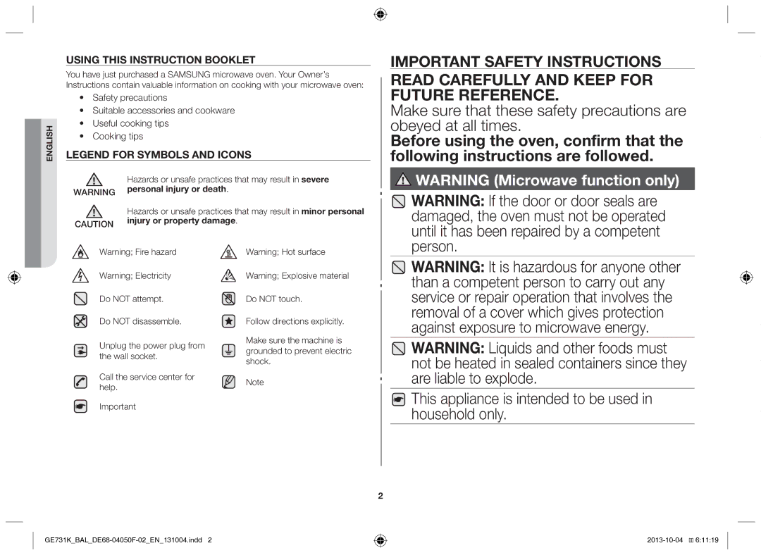 Samsung GE731K/BAL manual This appliance is intended to be used in household only, Personal injury or death 